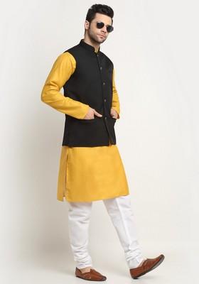 Mustard And Black Solid Cotton Blend Nehru Jacket Set For Men