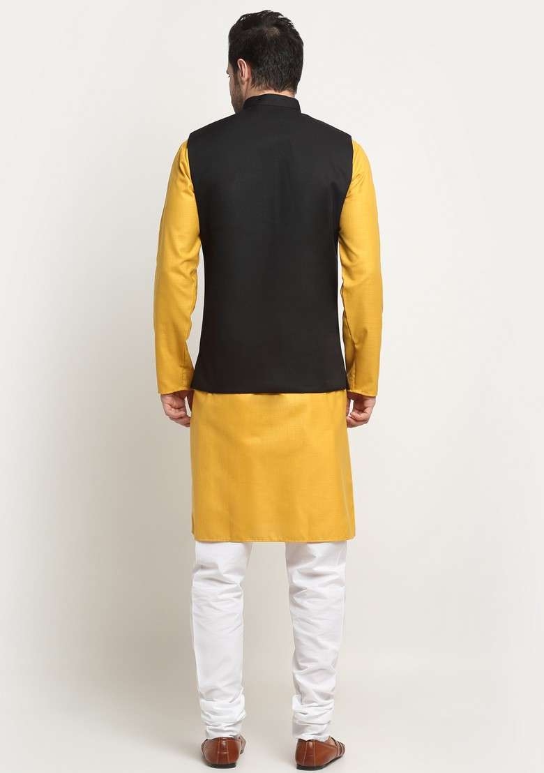 Mustard And Black Solid Cotton Blend Nehru Jacket Set For Men - Indya