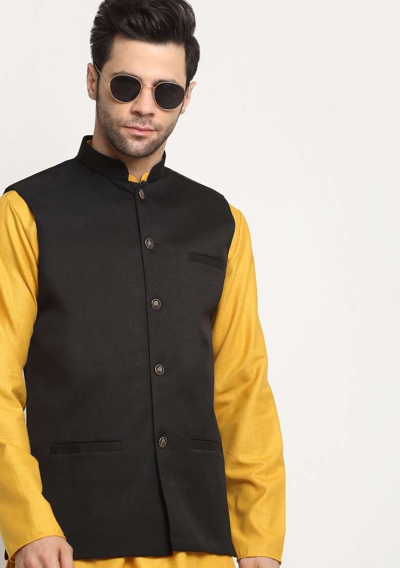 Mustard And Black Solid Cotton Blend Nehru Jacket Set For Men - Indya