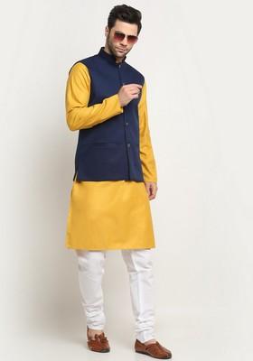Mustard And Navy Blue Solid Cotton Blend Nehru Jacket Set For Men