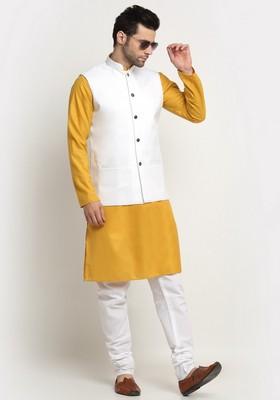 Mustard Yellow And White Solid Cotton Blend Nehru Jacket Set For Men