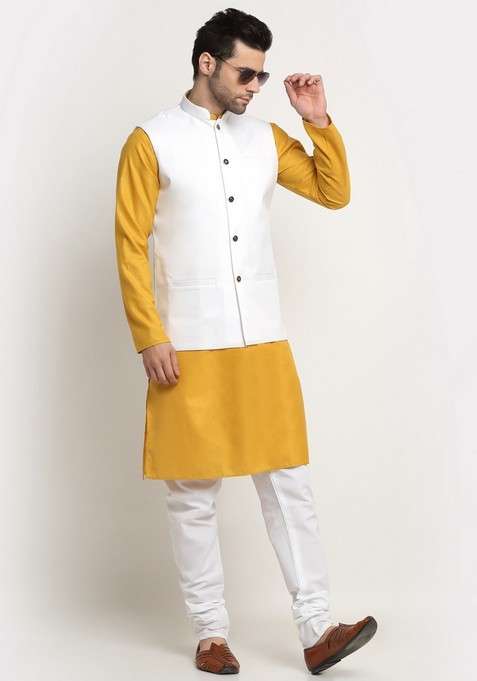 Mustard Yellow And White Solid Cotton Blend Nehru Jacket Set For Men