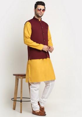 Mustard And Maroon Solid Cotton Blend Nehru Jacket Set For Men