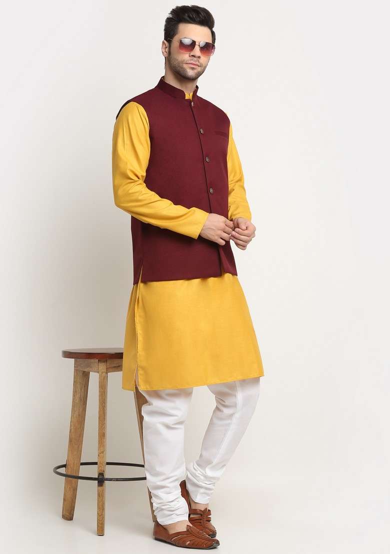 Mustard And Maroon Solid Cotton Blend Nehru Jacket Set For Men - Indya