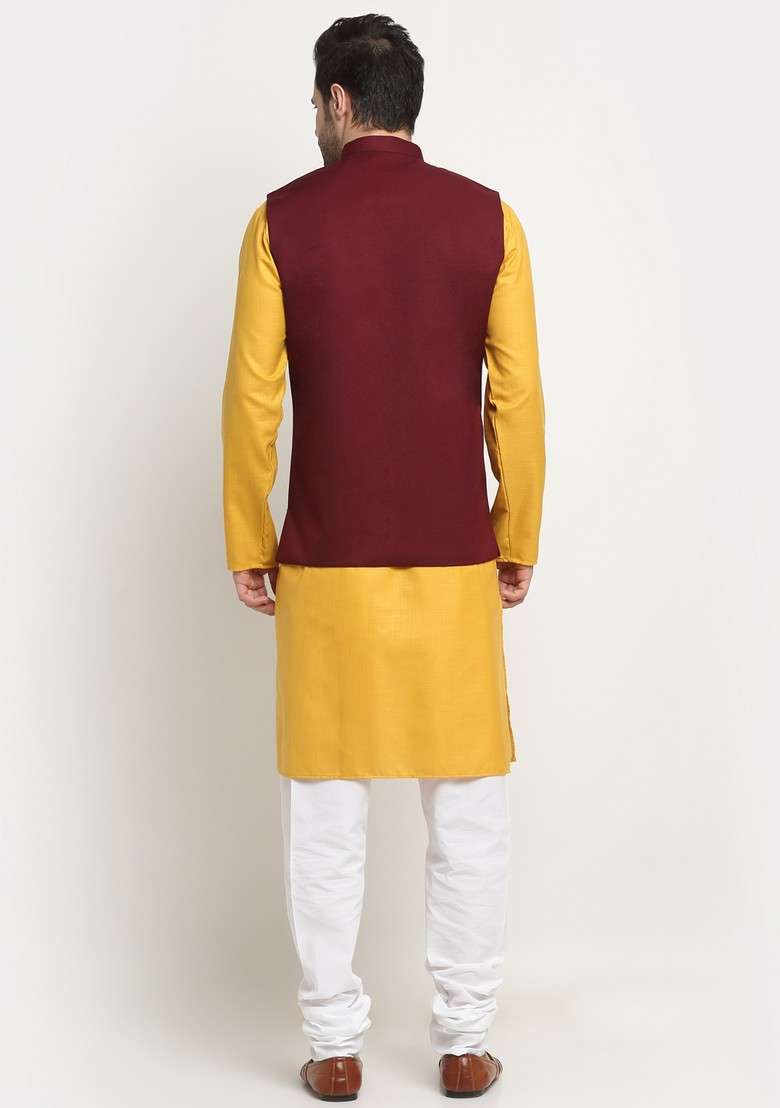Mustard And Maroon Solid Cotton Blend Nehru Jacket Set For Men - Indya