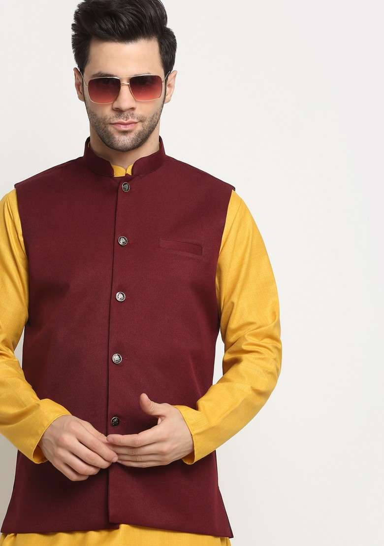 Mustard And Maroon Solid Cotton Blend Nehru Jacket Set For Men - Indya