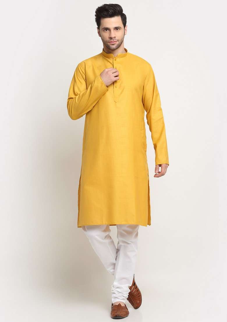Mustard And Maroon Solid Cotton Blend Nehru Jacket Set For Men - Indya