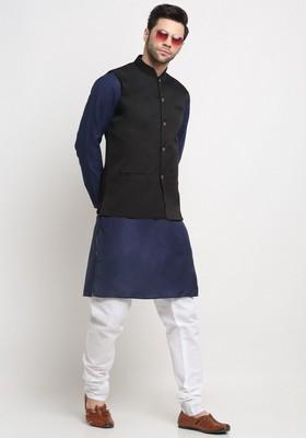 Navy Blue And Black Solid Cotton Blend Nehru Jacket Set For Men