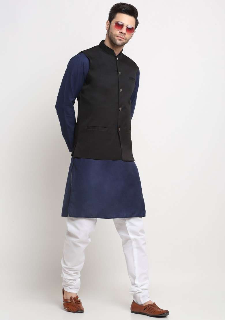 Navy Blue And Black Solid Cotton Blend Nehru Jacket Set For Men - Indya