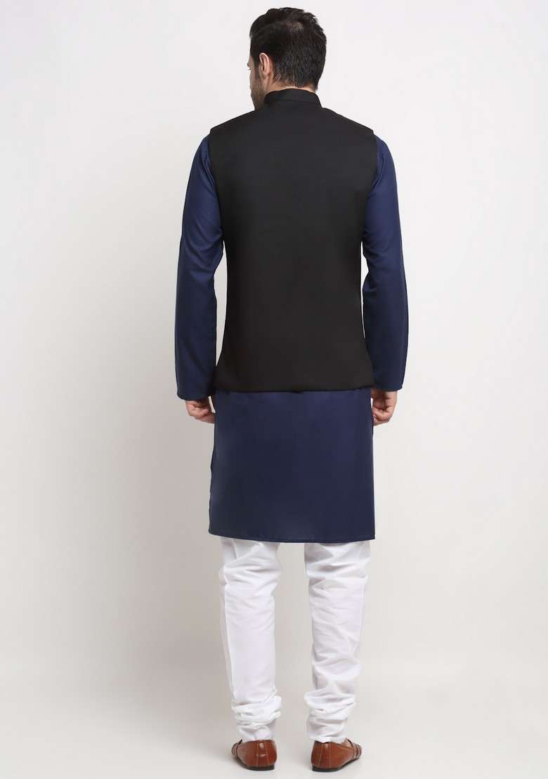 Navy Blue And Black Solid Cotton Blend Nehru Jacket Set For Men - Indya
