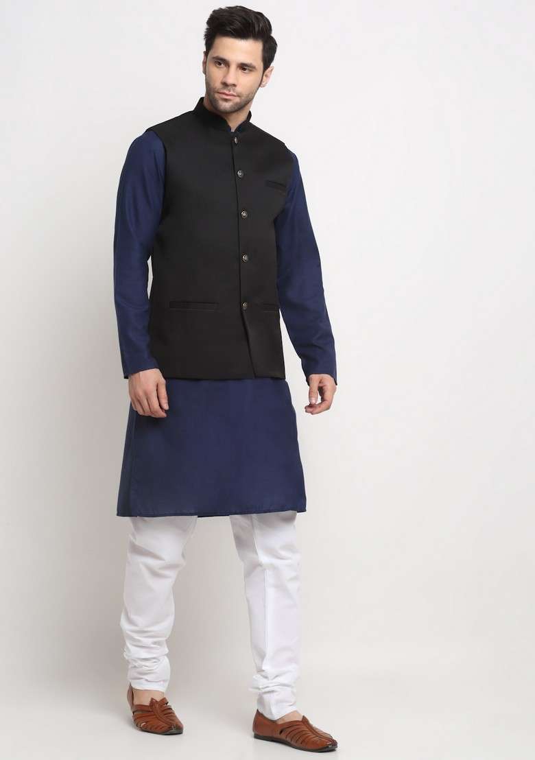 Navy Blue And Black Solid Cotton Blend Nehru Jacket Set For Men - Indya