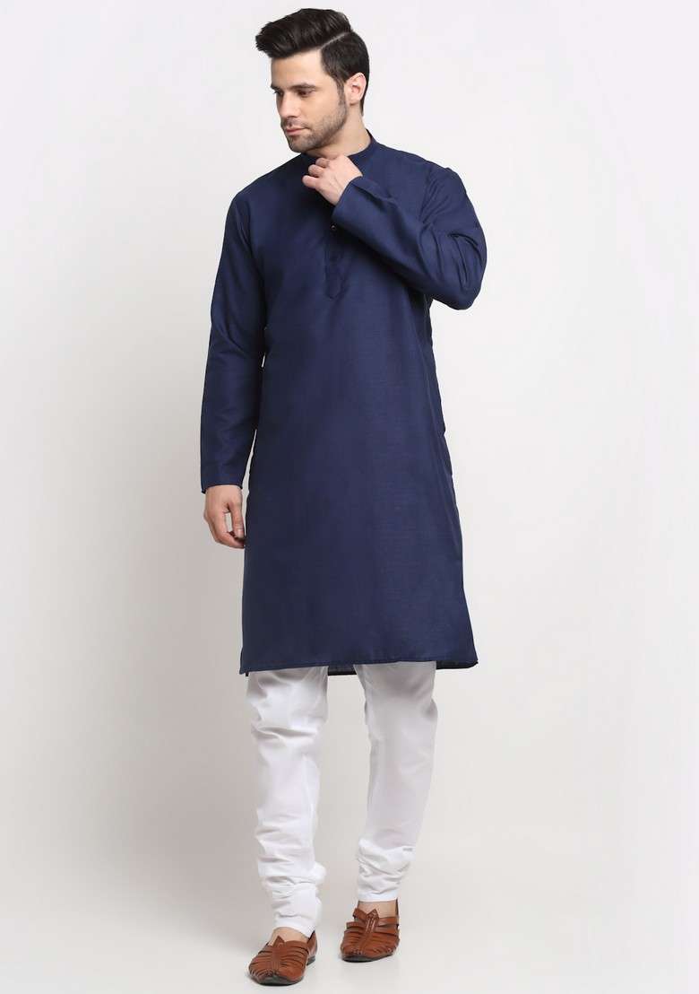 Navy Blue And Black Solid Cotton Blend Nehru Jacket Set For Men - Indya