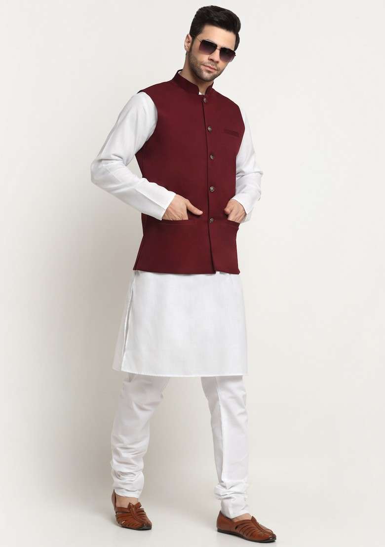 White And Maroon Solid Cotton Blend Nehru Jacket Set For Men - Indya