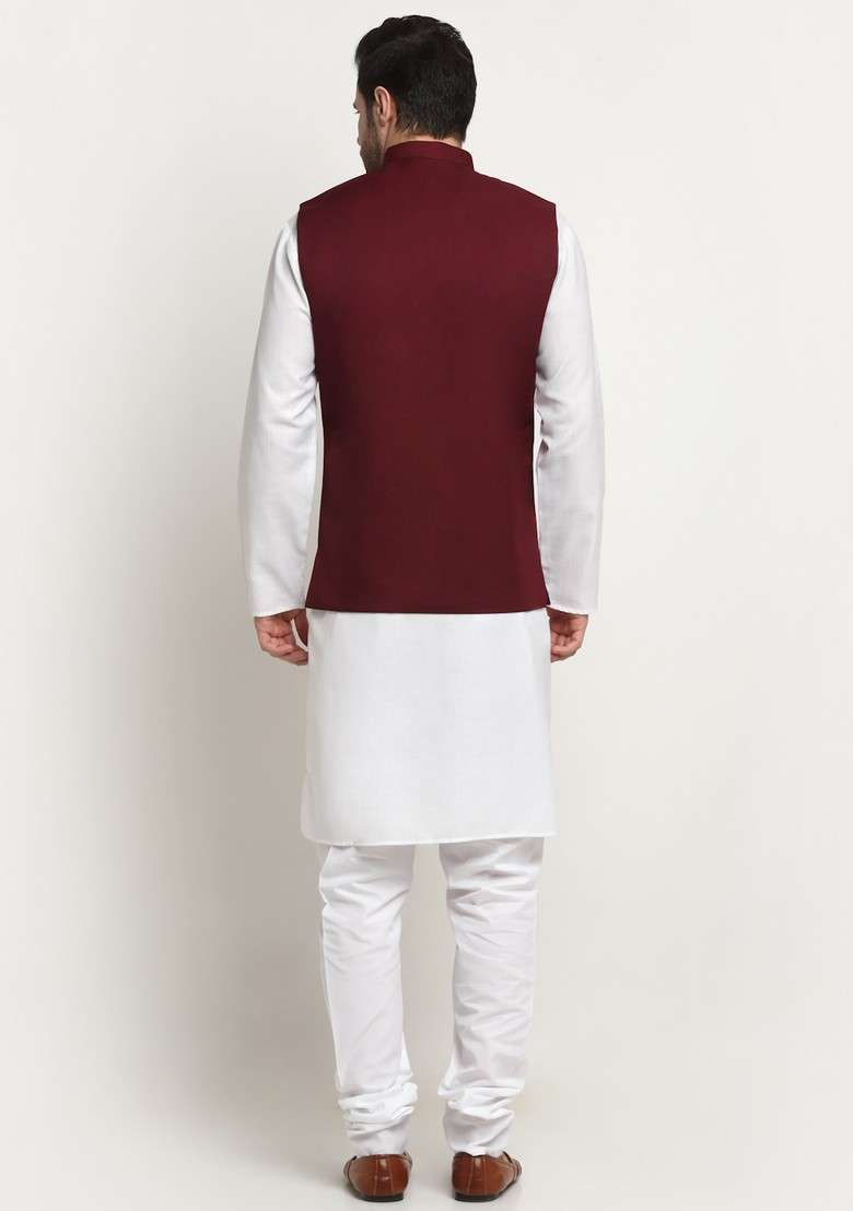 White And Maroon Solid Cotton Blend Nehru Jacket Set For Men - Indya