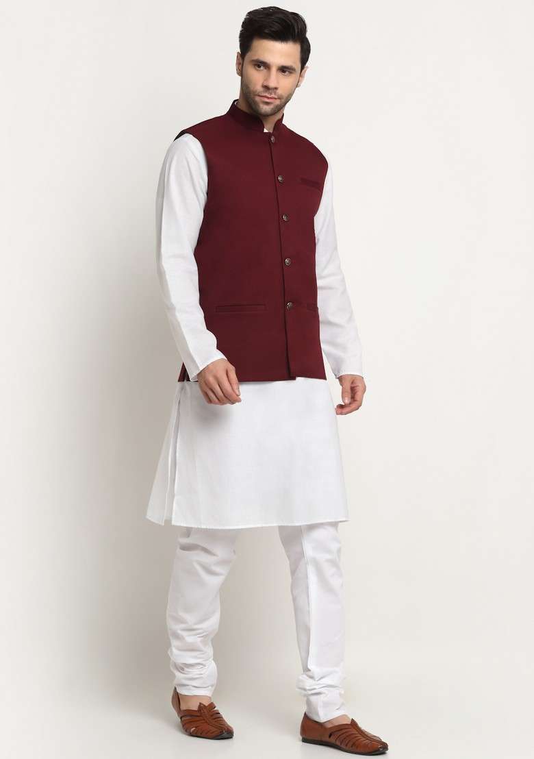 White And Maroon Solid Cotton Blend Nehru Jacket Set For Men - Indya