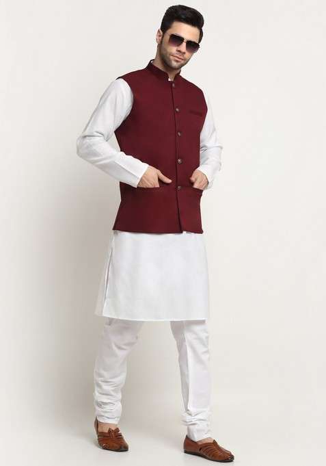 White And Maroon Solid Cotton Blend Nehru Jacket Set For Men