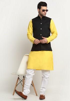Yellow And Black Solid Cotton Blend Nehru Jacket Set For Men