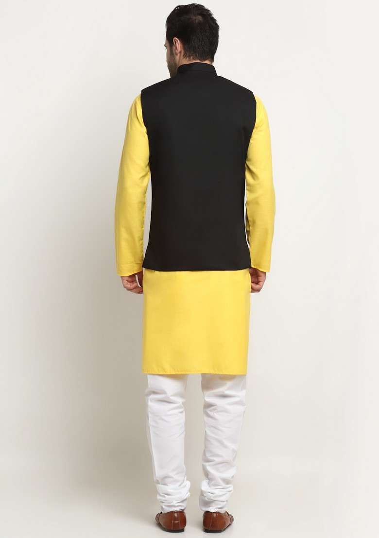 Yellow And Black Solid Cotton Blend Nehru Jacket Set For Men - Indya
