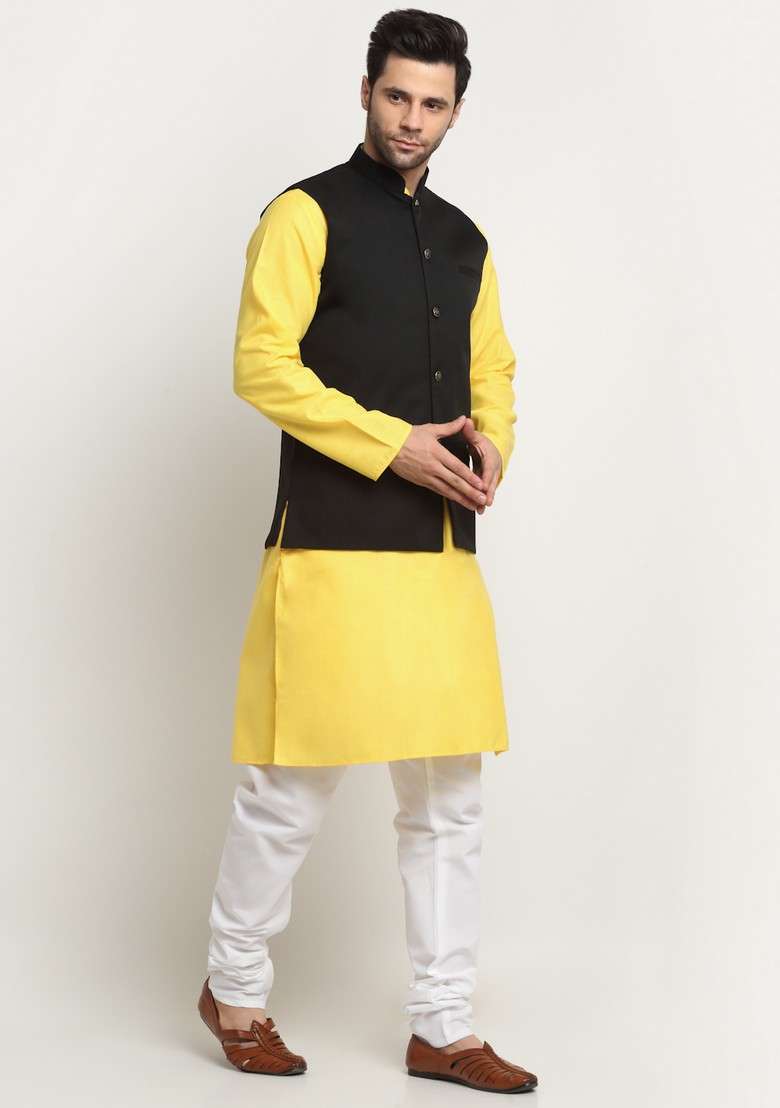 Yellow And Black Solid Cotton Blend Nehru Jacket Set For Men - Indya
