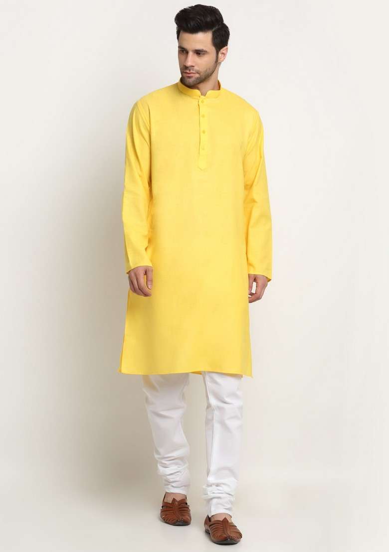 Yellow And Black Solid Cotton Blend Nehru Jacket Set For Men - Indya
