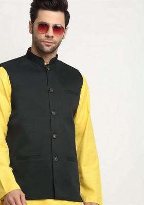 Yellow And Green Solid Cotton Blend Nehru Jacket Set For Men
