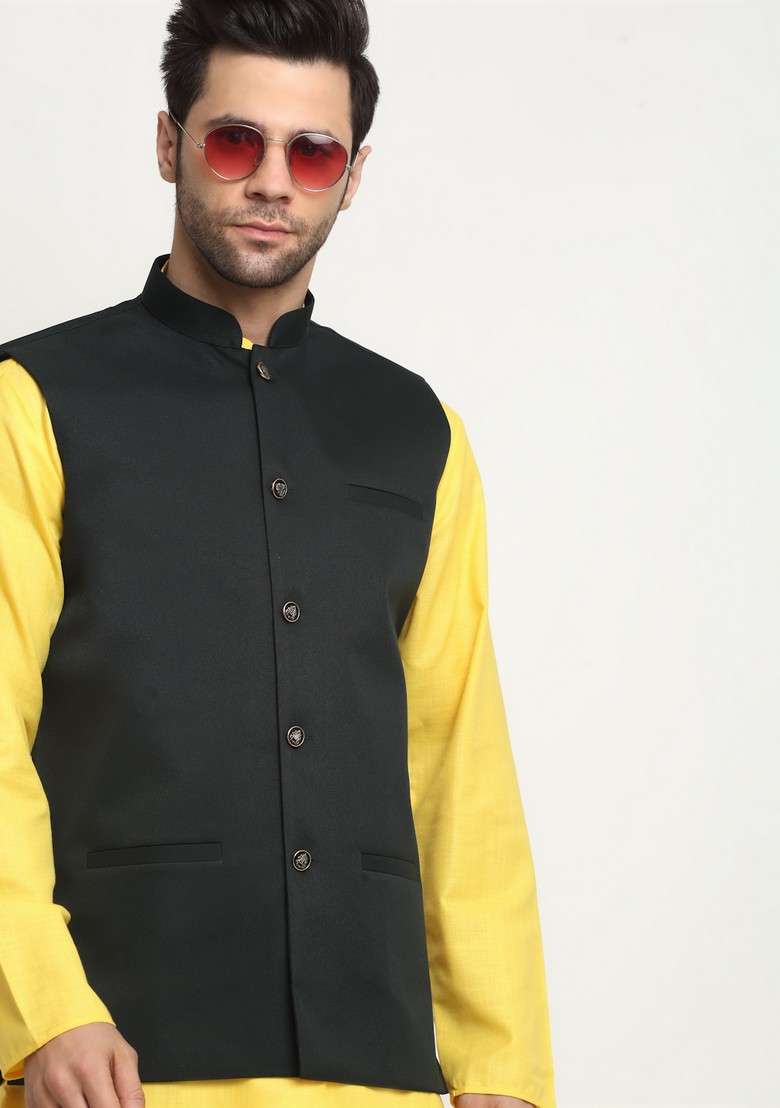 Yellow And Green Solid Cotton Blend Nehru Jacket Set For Men - Indya