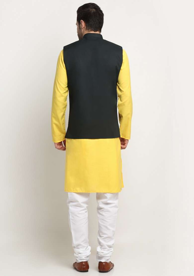 Yellow And Green Solid Cotton Blend Nehru Jacket Set For Men - Indya