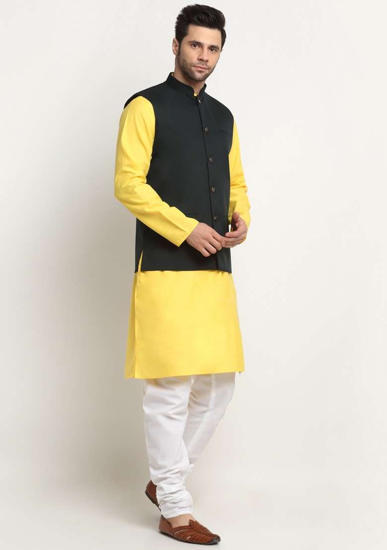 Yellow And Green Solid Cotton Blend Nehru Jacket Set For Men - Indya