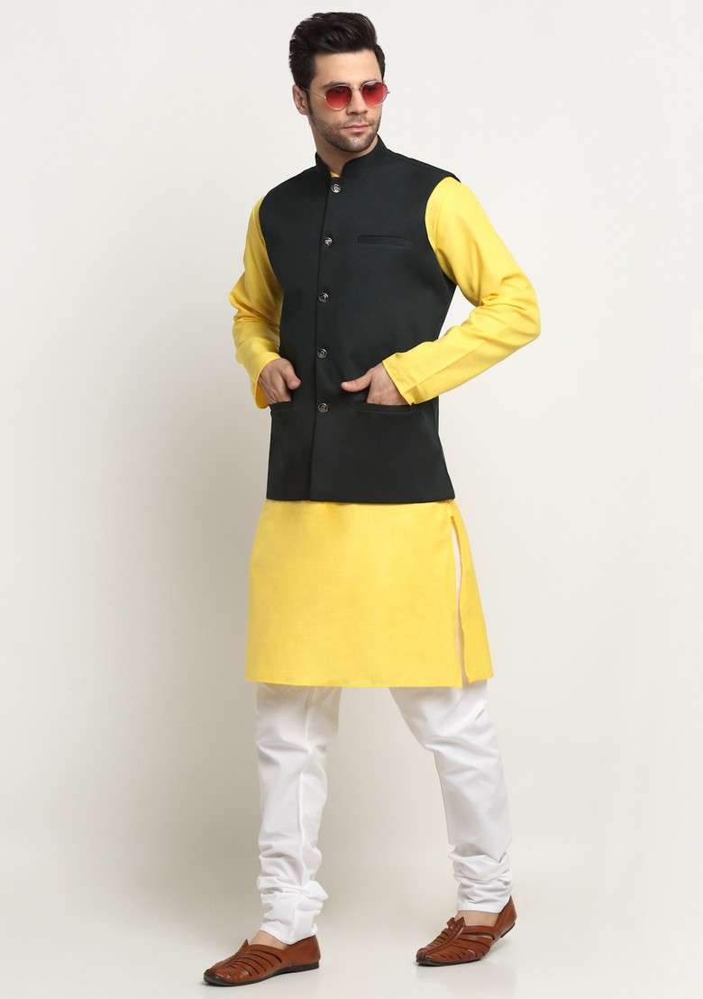 Yellow And Green Solid Cotton Blend Nehru Jacket Set For Men - Indya