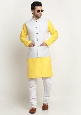 Yellow And White Solid Cotton Blend Nehru Jacket Set For Men