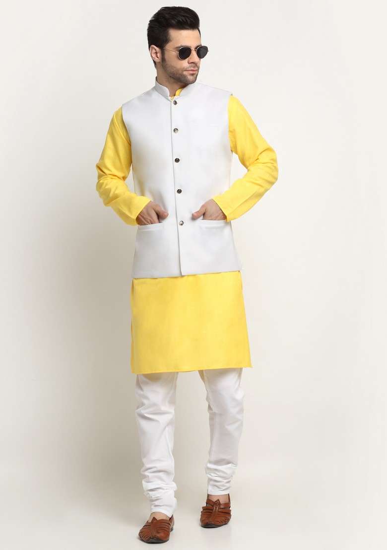 Yellow And White Solid Cotton Blend Nehru Jacket Set For Men - Indya