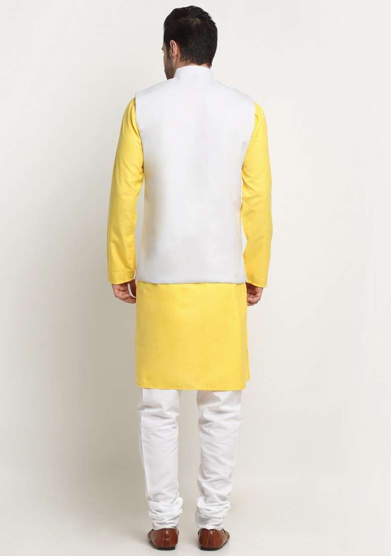 Yellow And White Solid Cotton Blend Nehru Jacket Set For Men - Indya