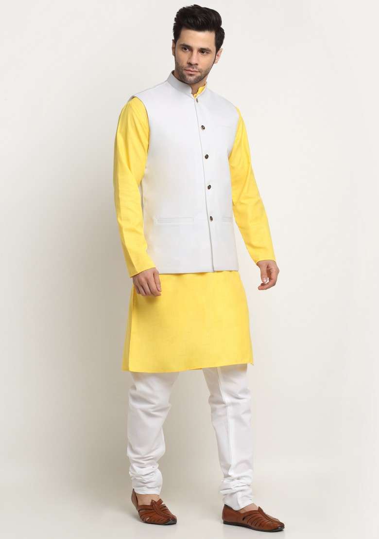 Yellow And White Solid Cotton Blend Nehru Jacket Set For Men - Indya