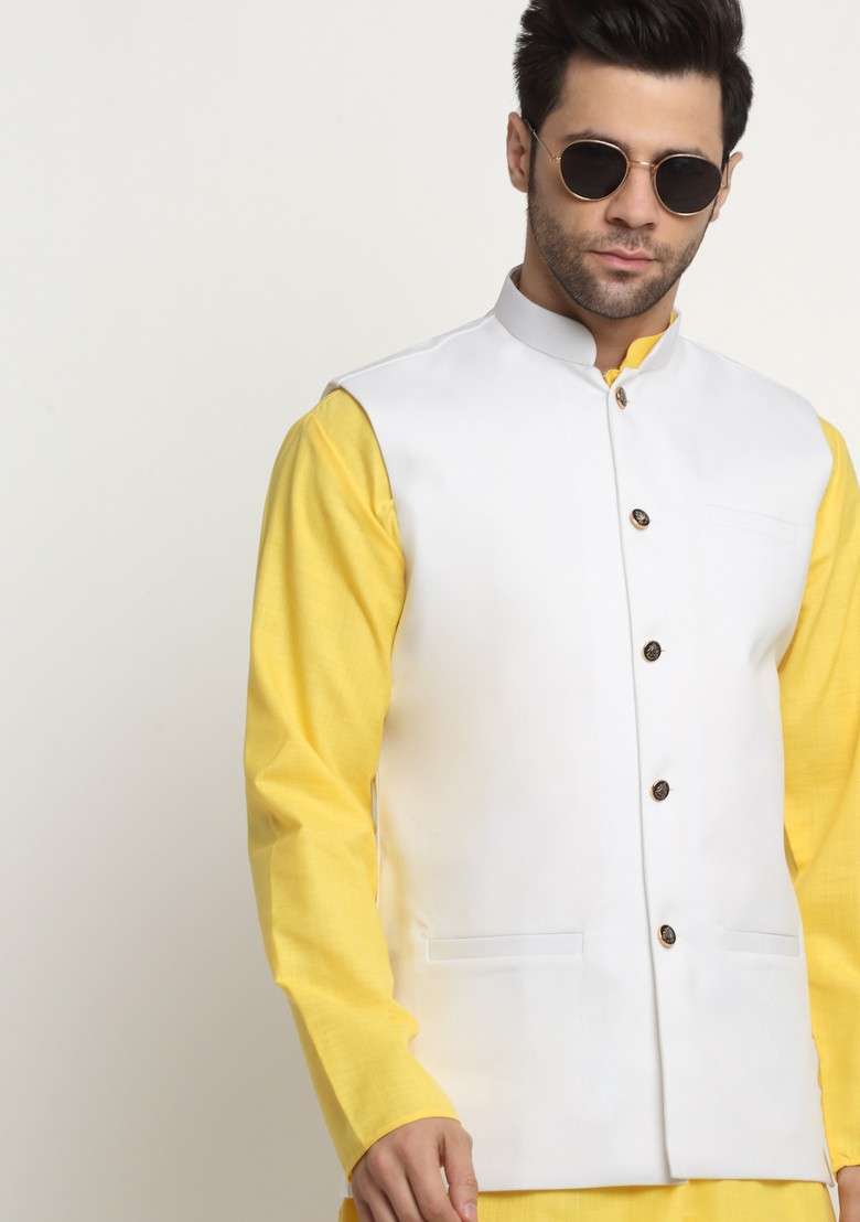 Yellow And White Solid Cotton Blend Nehru Jacket Set For Men - Indya