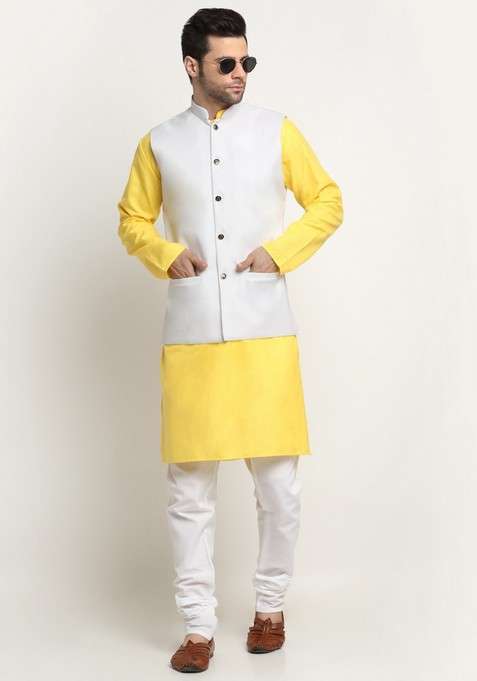 Yellow And White Solid Cotton Blend Nehru Jacket Set For Men
