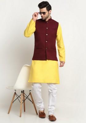 Yellow And Maroon Solid Cotton Blend Nehru Jacket Set For Men