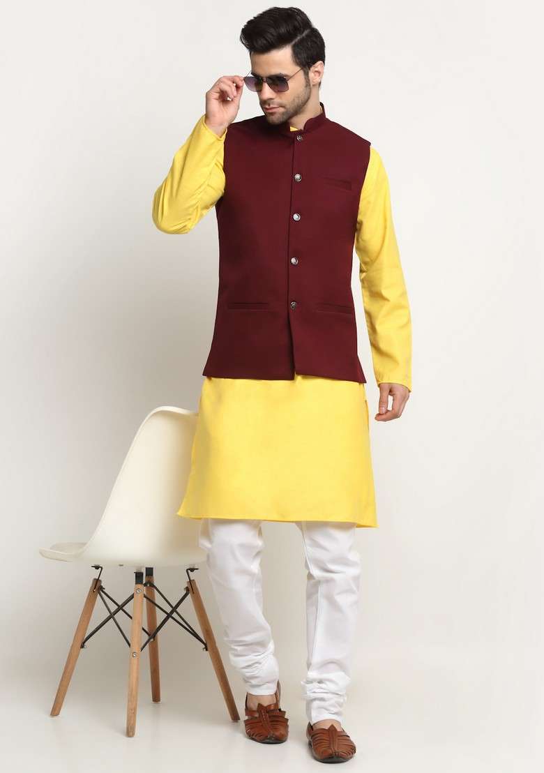 Yellow And Maroon Solid Cotton Blend Nehru Jacket Set For Men - Indya