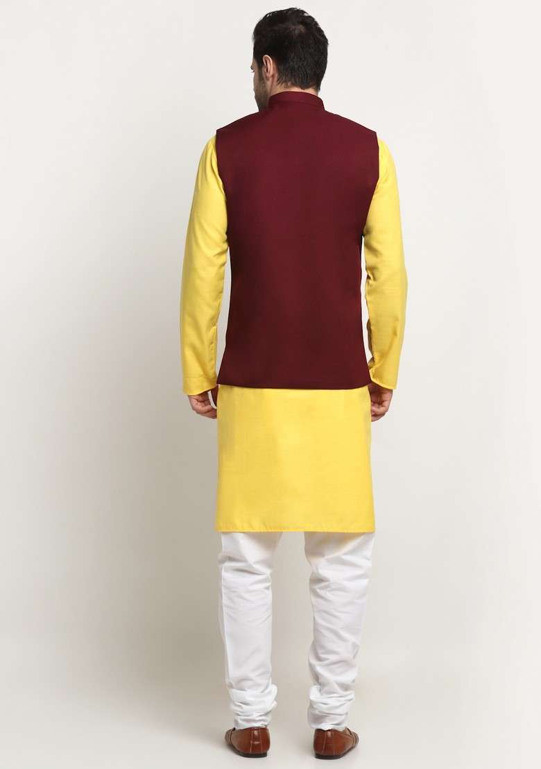 Yellow And Maroon Solid Cotton Blend Nehru Jacket Set For Men - Indya