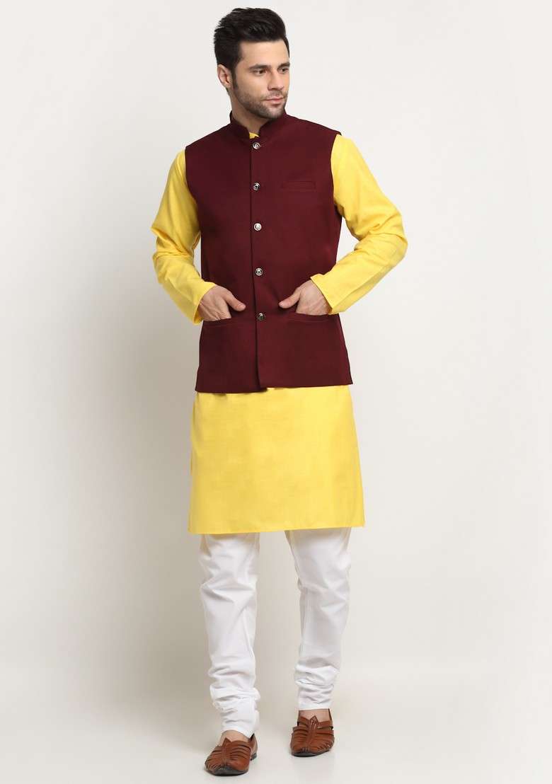 Yellow And Maroon Solid Cotton Blend Nehru Jacket Set For Men - Indya