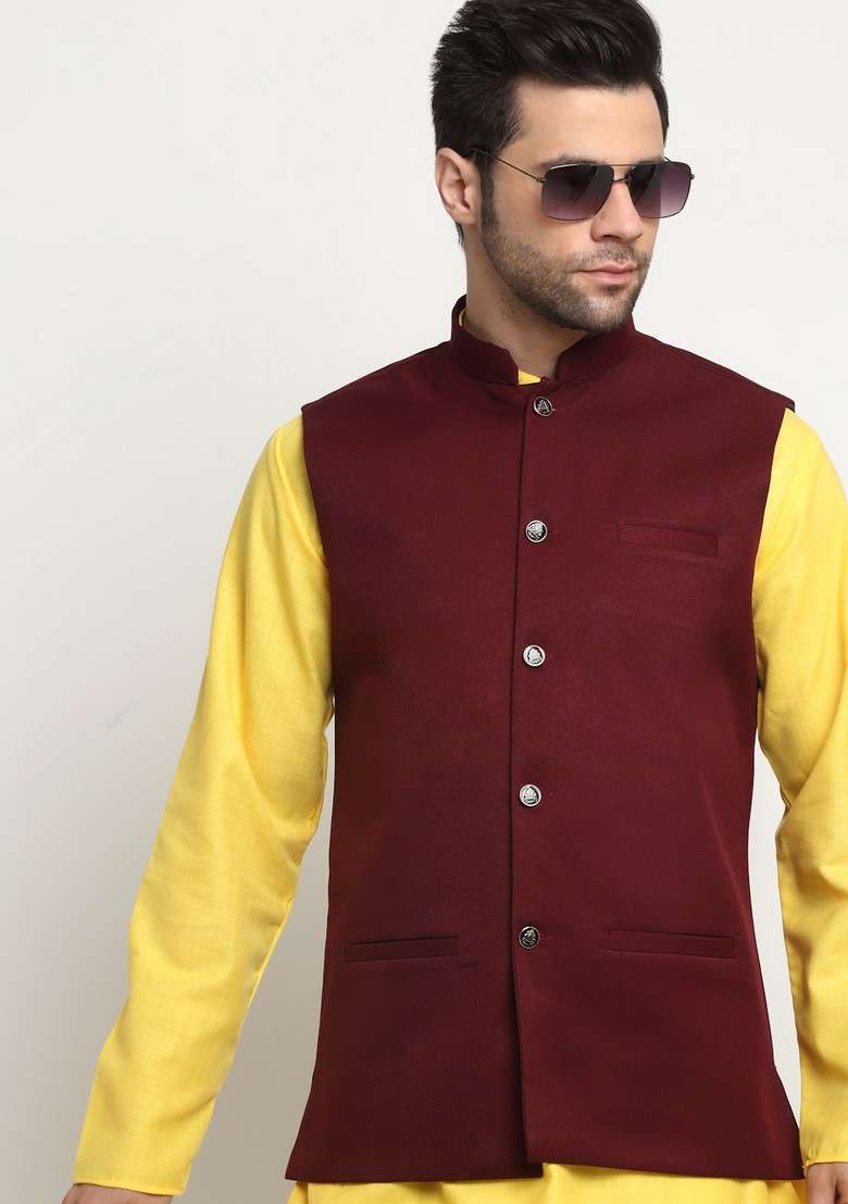 Yellow And Maroon Solid Cotton Blend Nehru Jacket Set For Men - Indya