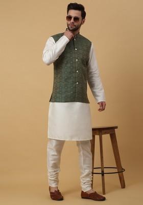 Cream And Green Embroidered Silk Blend Nehru Jacket Set For Men