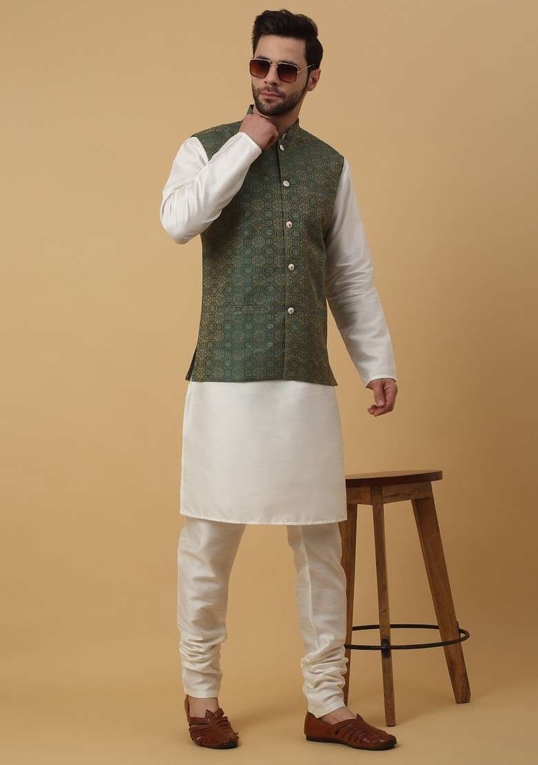 Cream And Green Embroidered Silk Blend Nehru Jacket Set For Men - Indya