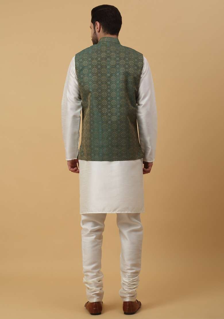 Cream And Green Embroidered Silk Blend Nehru Jacket Set For Men - Indya
