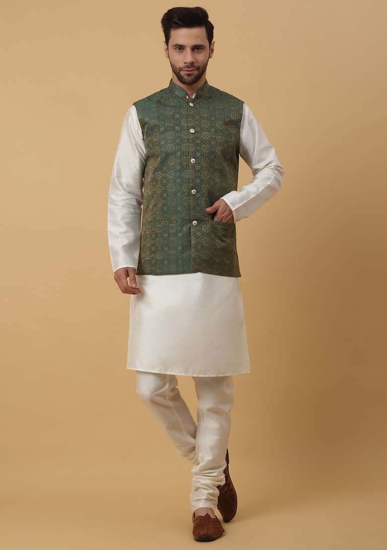 Cream And Green Embroidered Silk Blend Nehru Jacket Set For Men - Indya