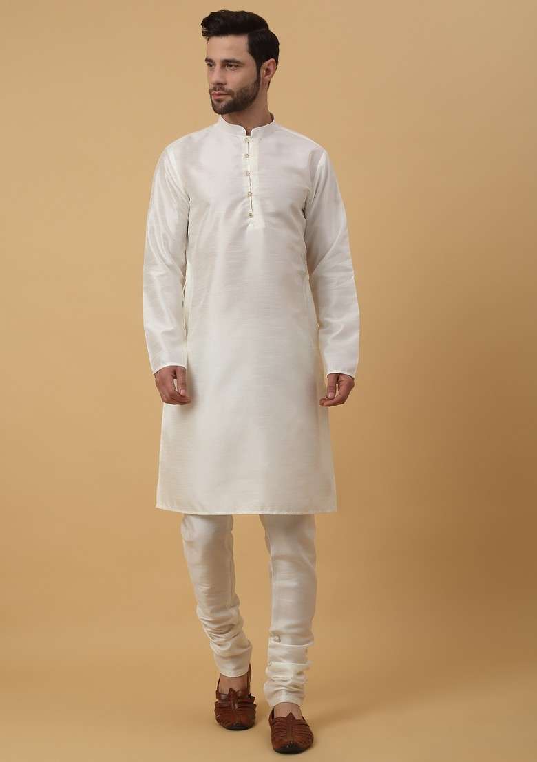 Cream And Green Embroidered Silk Blend Nehru Jacket Set For Men - Indya