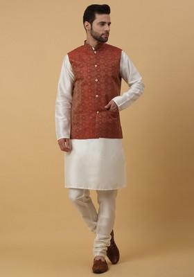 Cream And Maroon Embroidered Silk Blend Nehru Jacket Set For Men