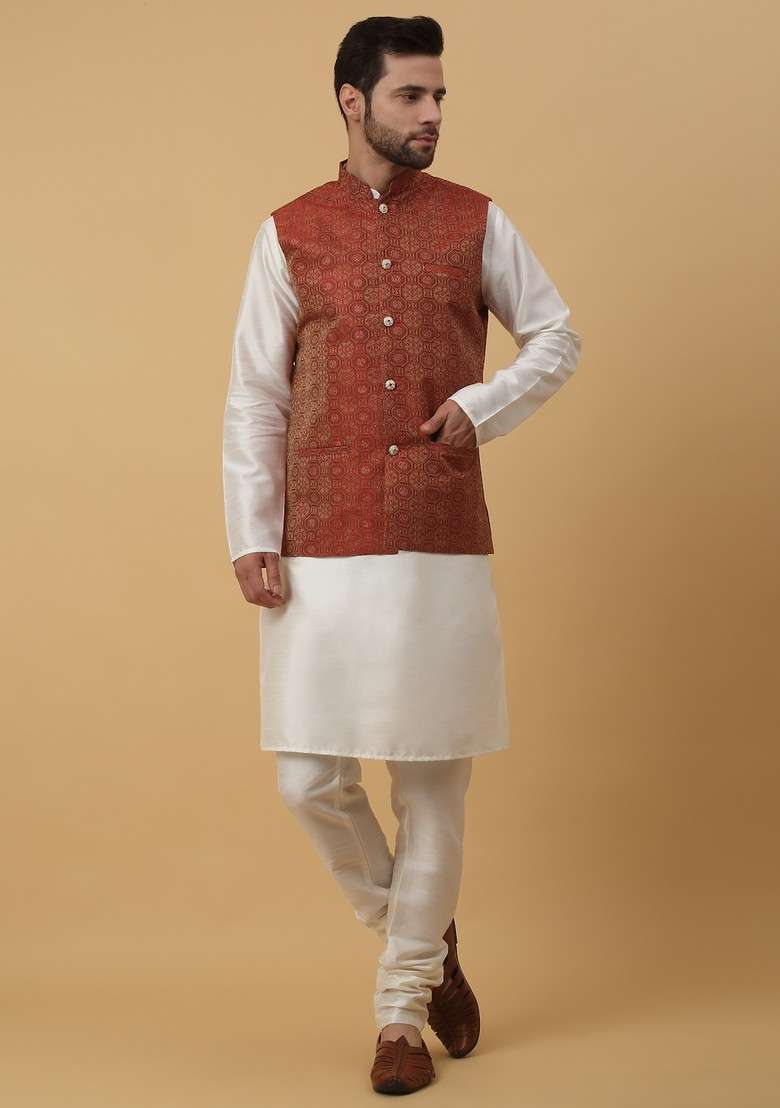 Cream And Maroon Embroidered Silk Blend Nehru Jacket Set For Men - Indya