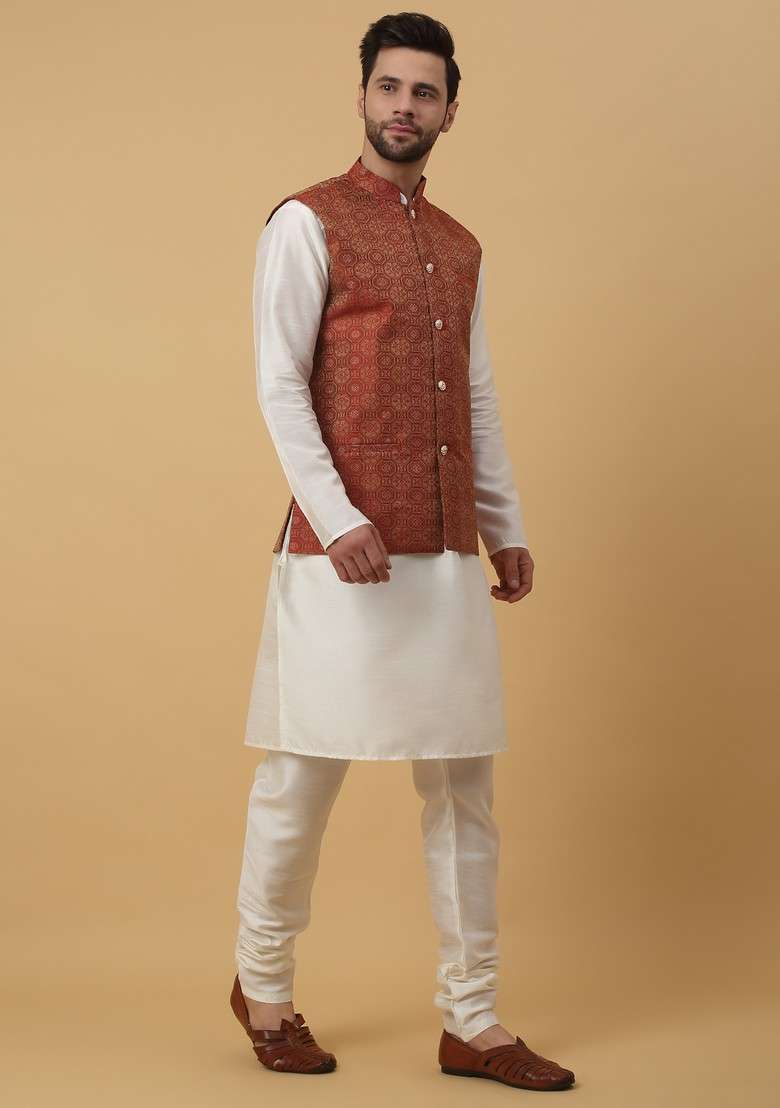 Cream And Maroon Embroidered Silk Blend Nehru Jacket Set For Men - Indya