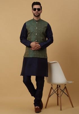 Navy Blue And Green Embroidered Silk Blend Nehru Jacket Set For Men