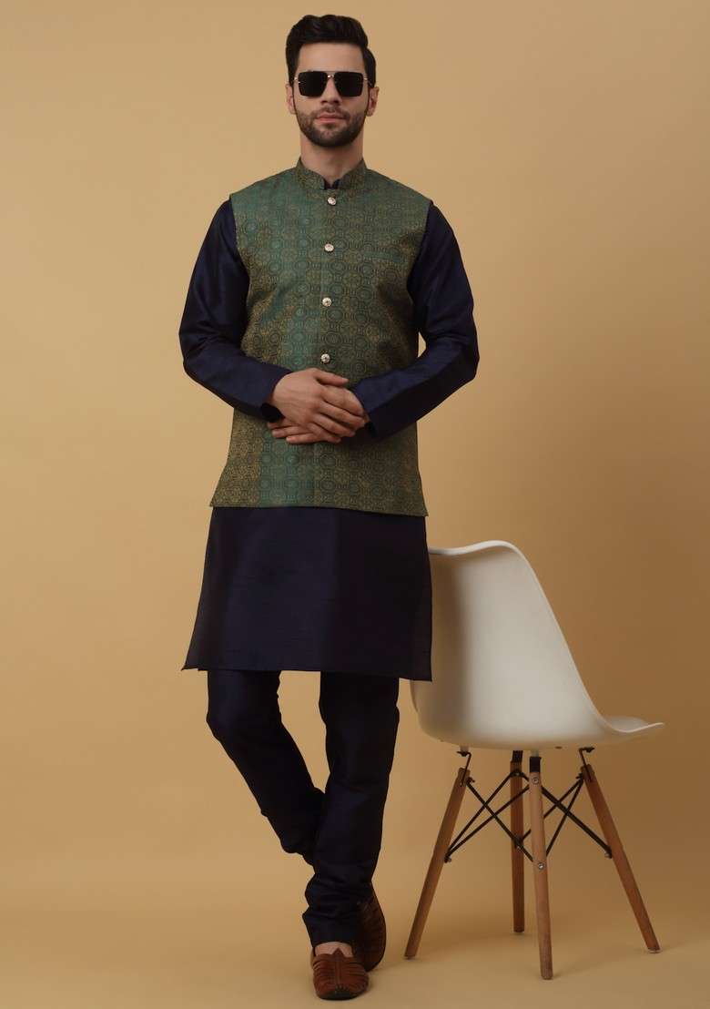 Navy Blue And Green Embroidered Silk Blend Nehru Jacket Set For Men - Indya